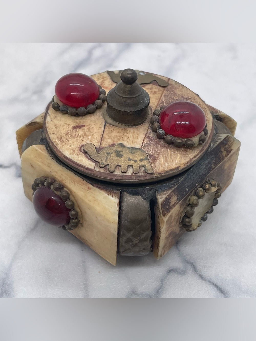 Handcrafted Camel Accent Box with Red Glass Cabochons